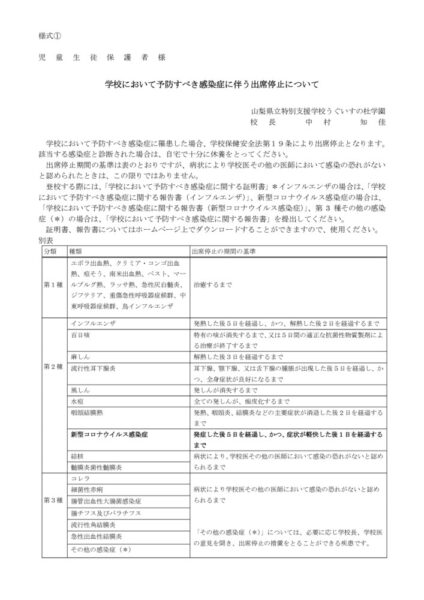 様式①学校において予防すべき感染症に伴う出席停止について（R5.5～のサムネイル